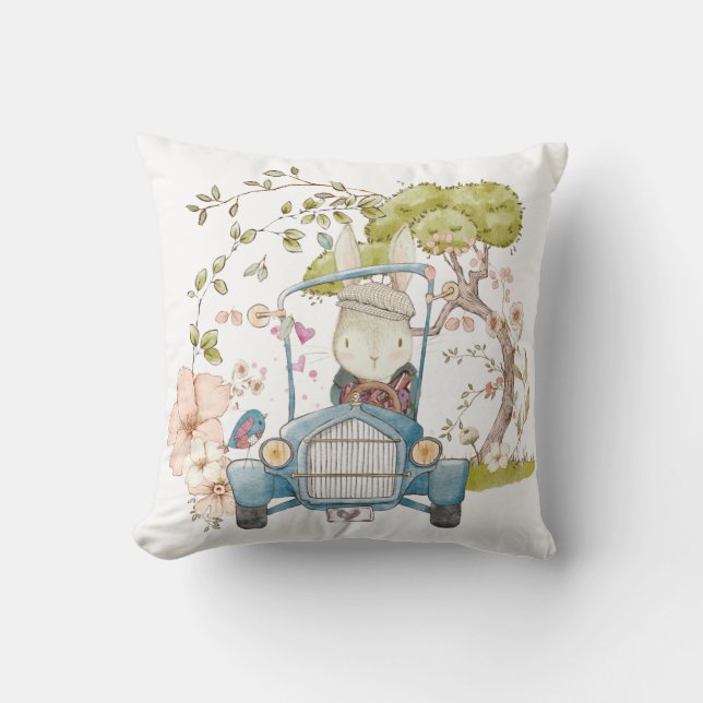 Vintage Cute Bunny Driving Car Namn Pojke Kudde (Framsida)