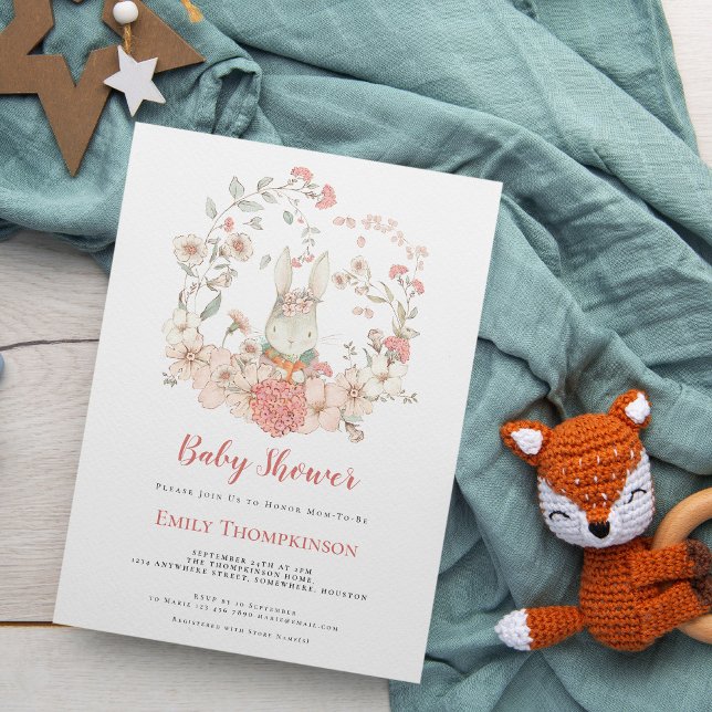 Vintage Cute Bunny Foliage Peach Baby Shower Inbjudningar (Skapare uppladdad)