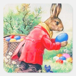 Vintage Cute Bunny och färgstarka Påskägg Fyrkantigt Klistermärke