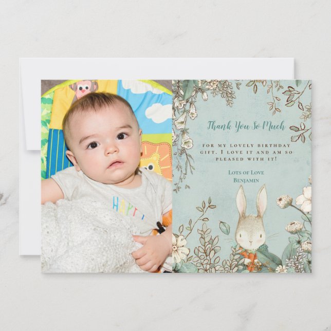 Vintage Cute Bunny Photo First Birthday Tack (Framsida)