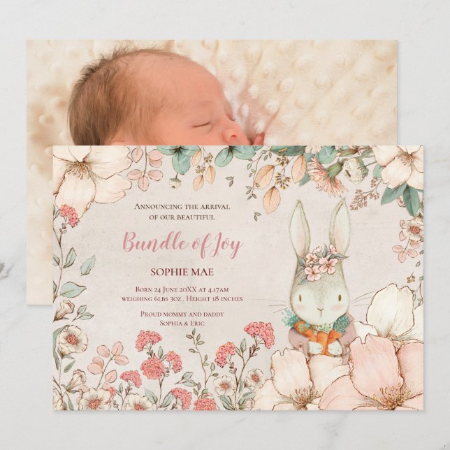 Vintage Cute Bunny Photo Flowers Flicka Birth Meddelande (Fram/baksida)