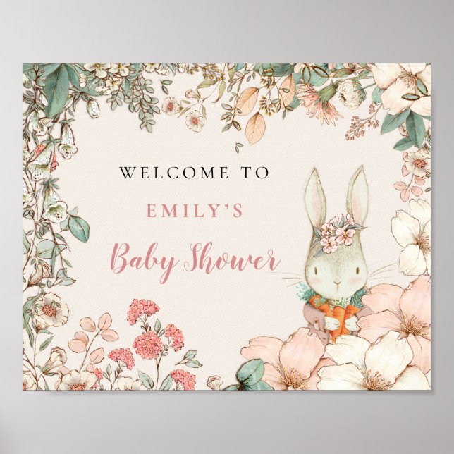 Vintage Cute Bunny Välkommen Baby Shower Poster (Framsidan)