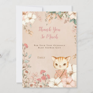 Vintage Cute Cat Botanical Rosa Girl Baby Shower Tack Kort