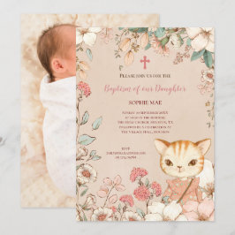 Vintage Cute Cat Photo Flowers Flicka Baptism Inbjudningar