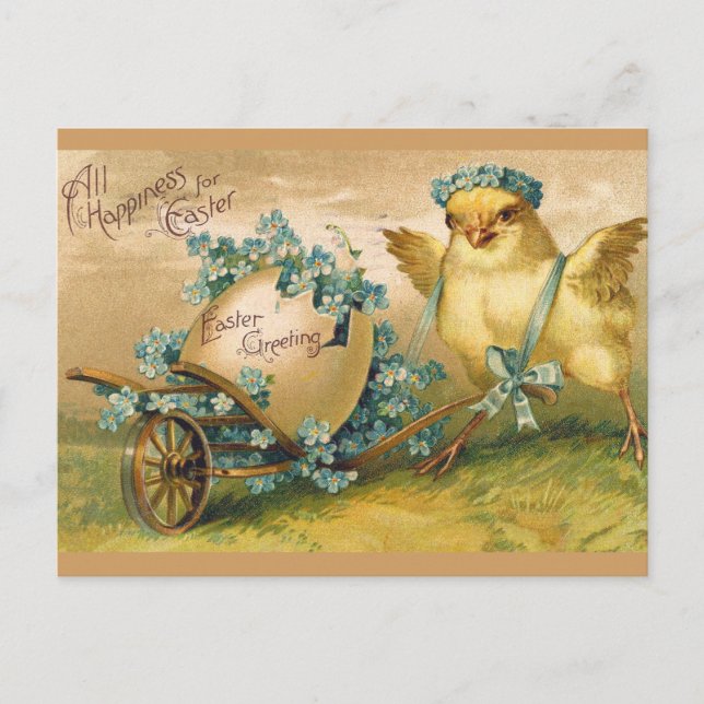 Vintage Cute Chicken med Påskägg Carriage Vykort (Framsida)