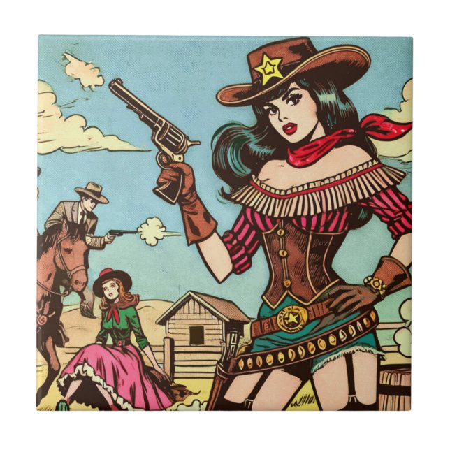 Vintage Cute Cowgirl-Tecknader Kakelplatta (Framsidan)
