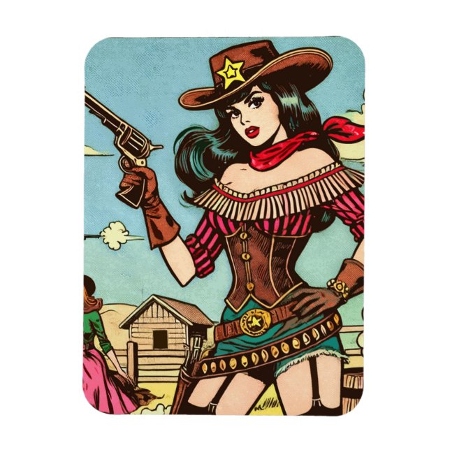 Vintage Cute Cowgirl-Tecknader Magnet (Vertikal)