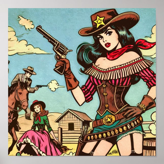 Vintage Cute Cowgirl-Tecknader Poster (Framsidan)