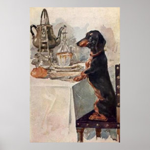 Vintage Cute Dachshund Drinking Tea Poster Skriv u