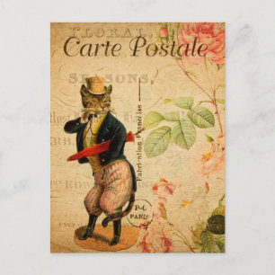 Vintage Cute Drescat med hatt och paraply Vykort