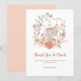 Vintage Cute Elephant Blommigts Peach Baby Shower Tack Kort