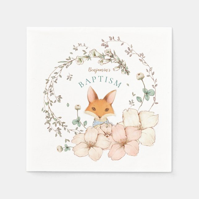 Vintage Cute Fox Botanical Boy Baptism Pappersservett (Framsidan)