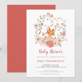Vintage Cute Fox Foliage Coral Baby Shower Inbjudningar