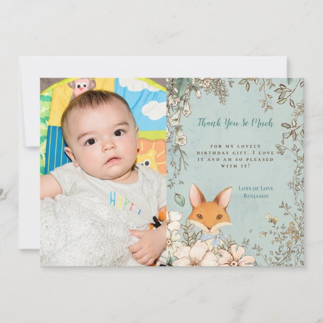 Vintage Cute Fox Photo First Birthday Tack Kort (Framsida)