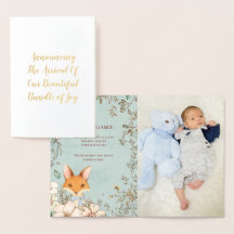 Vintage Cute Fox Photo Script Birth Notice