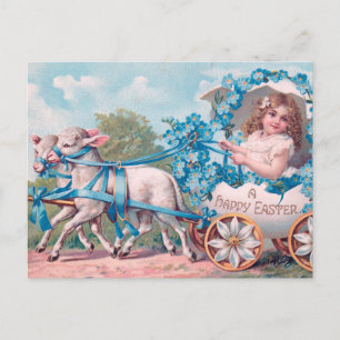 Vintage Cute Girl in Påskägg Carriage of Lambs Vykort