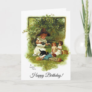Vintage Cute Girl på Garden Birthday Kort