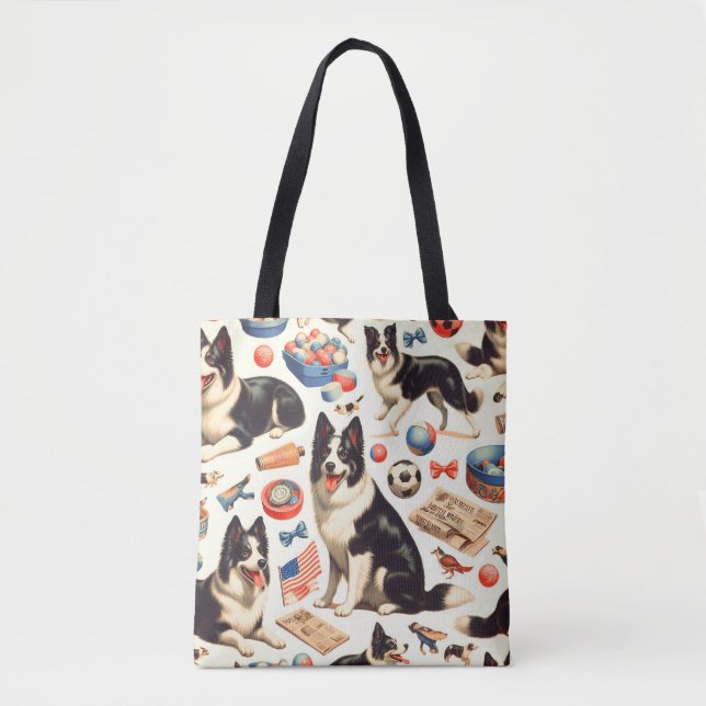 Vintage Cute Gräns Collie Illustration Tygkasse (Framsida)