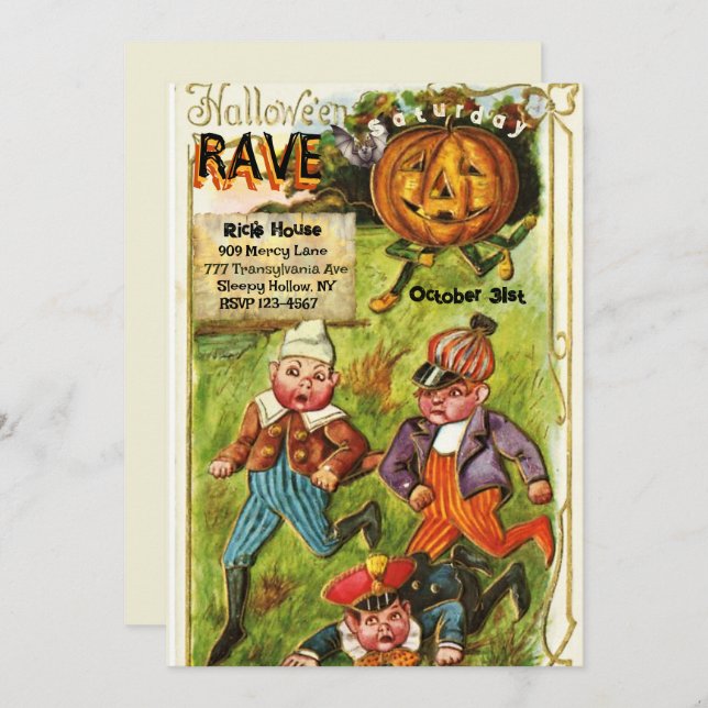 Vintage Cute Halloween Rave Party Inbjudningar (Fram/baksida)