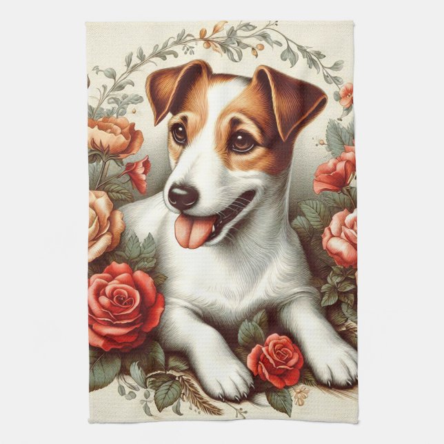 Vintage Cute Jack Russell Terrier Blommigt Kökshandduk (Vertikal)