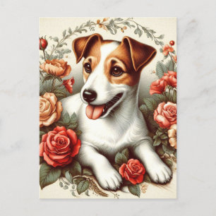 Vintage Cute Jack Russell Terrier Blommigt Vykort