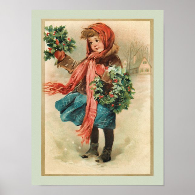 Vintage Cute Jul Girl med Holly Wreaths Poster (Framsidan)