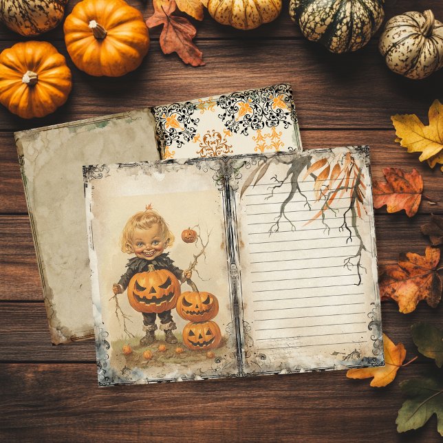 Vintage Cute Kid Halloween-segmentsida Journal (Vintage Halloween junk journal page with child and pumpkins)
