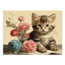 Vintage Cute Kitten Porträtt Soft Färg Flowers Fototryck