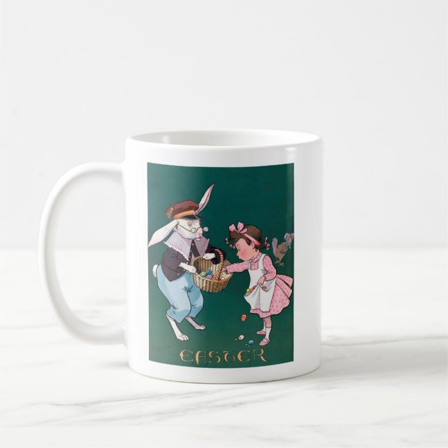 Vintage Cute Little Girl Bunny Rabbit Påskägg Kaffemugg (Vänster)
