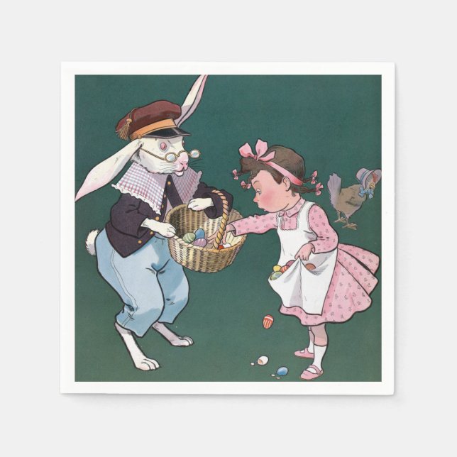 Vintage Cute Little Girl Bunny Rabbit Påskägg Pappersservett (Framsidan)