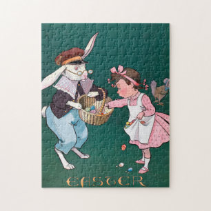Vintage Cute Little Girl Bunny Rabbit Påskägg Pussel