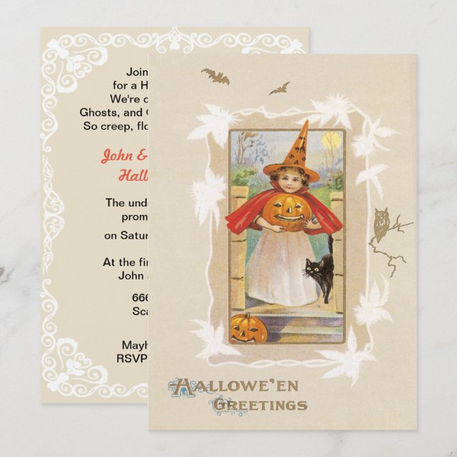Vintage Cute Little Witch Halloween Inbjudningar (Fram/baksida)