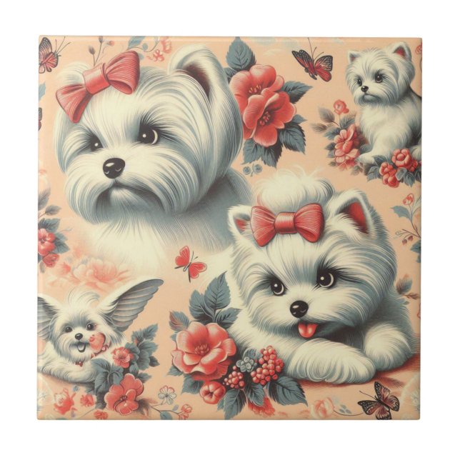 Vintage Cute Maltese Hund Kakelplatta (Framsidan)