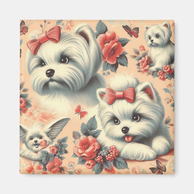 Vintage Cute Maltese Hund Magnet (Framsidan)