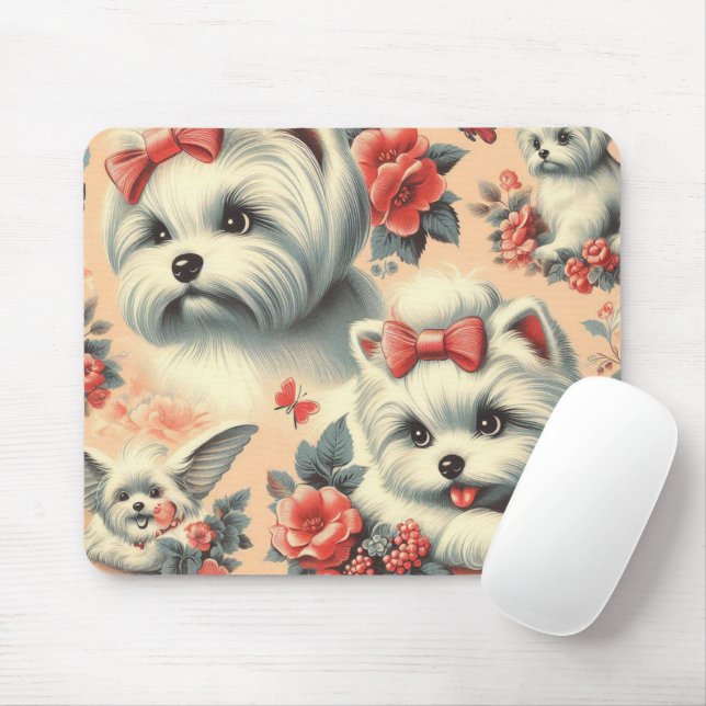 Vintage Cute Maltese Hund Musmatta (Med mus)