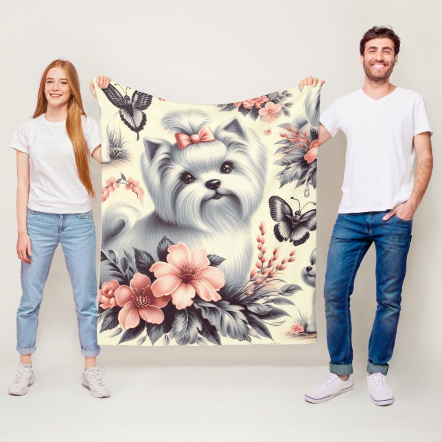 Vintage Cute Maltese Illustration Fleecefilt (På plats)