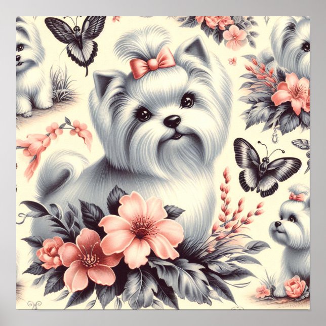 Vintage Cute Maltese Illustration Poster (Framsidan)