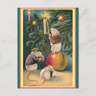 Vintage Cute Mice Light Candles Julgran Vykort
