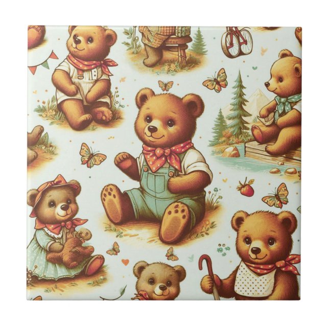 Vintage Cute Nalle Mönster Kakelplatta (Framsidan)