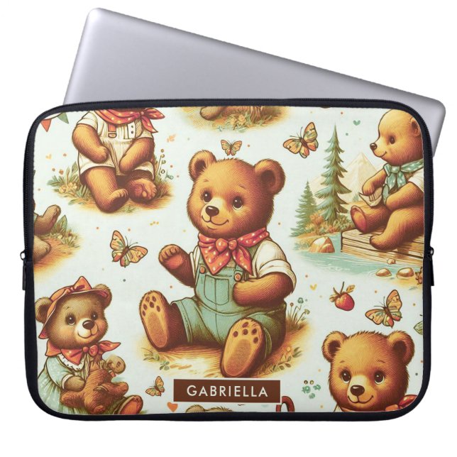 Vintage Cute Nalle Mönster Laptop Fodral (Framsidan)