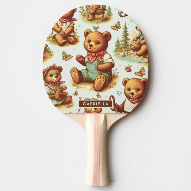 Vintage Cute Nalle Mönster Pingisracket (Framsidan)