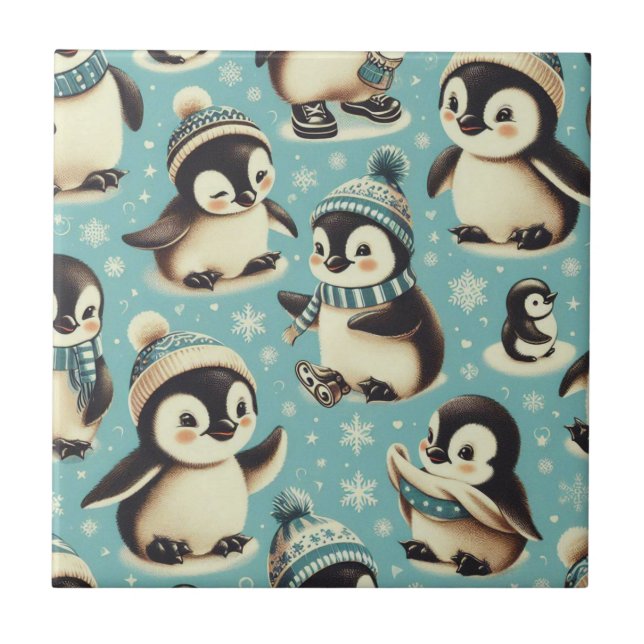 Vintage Cute Penguin Mönster Kakelplatta (Framsidan)