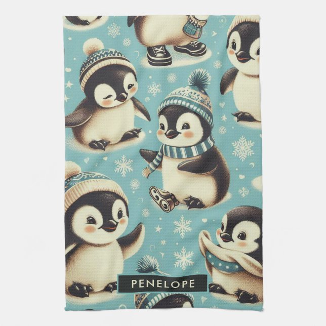 Vintage Cute Penguin Mönster Kökshandduk (Vertikal)