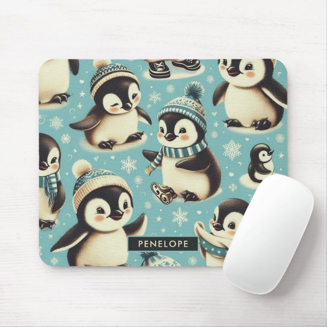 Vintage Cute Penguin Mönster Musmatta (Med mus)