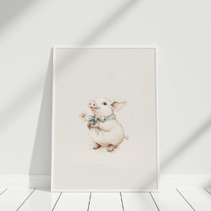 Vintage Cute Piglet med blomsterkonst Poster
