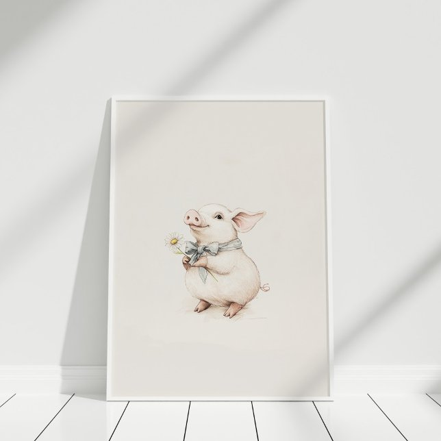 Vintage Cute Piglet med blomsterkonst Poster (Vintage Cute Piglet with a Flower Nursery Art Poster on a white wooden floor in white frame.)