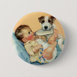 Vintage Cute Pojke med Flaska och marionett Hund Knapp