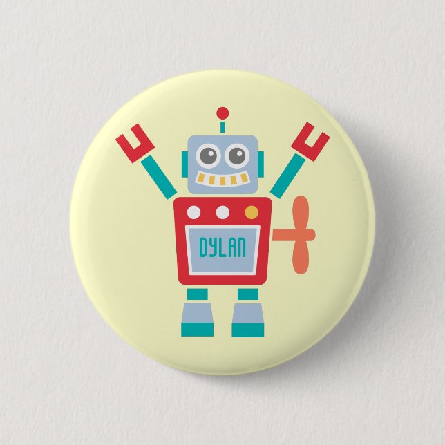 Vintage Cute Robot Leksak Kids Namn Button Knapp (Framsida)