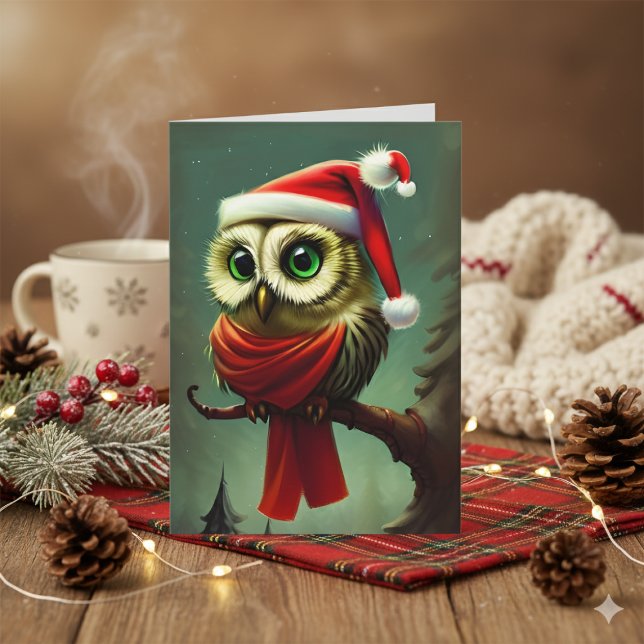 Vintage Cute Santa Uggla jul Helgkort (Vintage Cute Santa Owl Christmas Holiday Card)