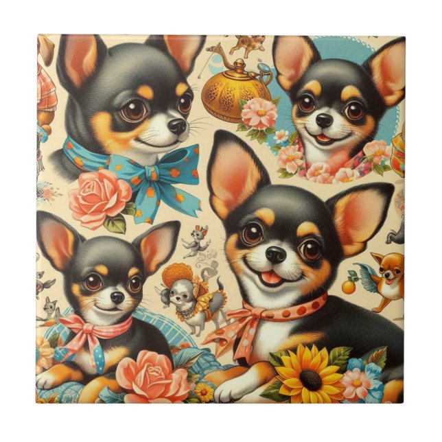 Vintage Cute Seamless Chihuahua Kakelplatta (Framsidan)